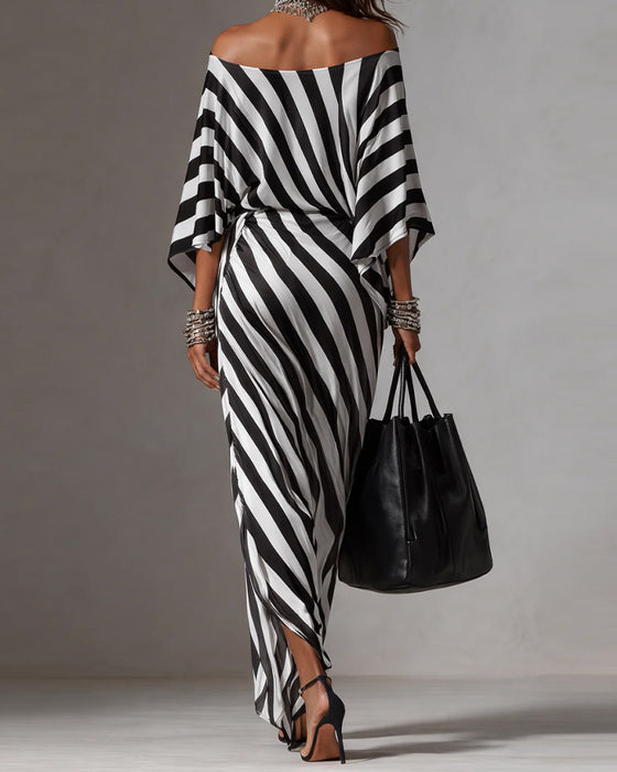 Kjole Off-shoulder Flagermusærme Stribe Lang