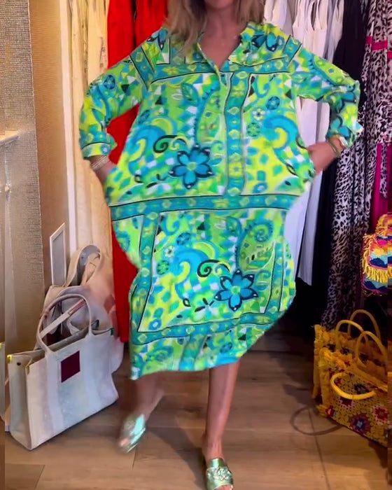 Lang grøn kjole i løs pasform med print