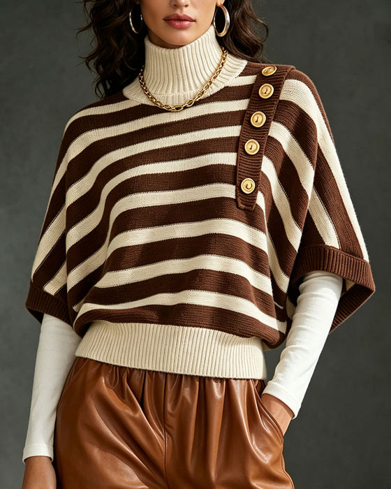 Pullover Højhals Knap Stribet Halværme Sweater