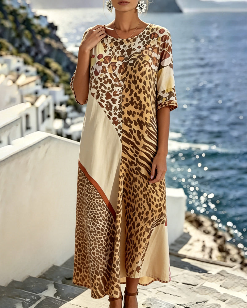 Kjole Leopard Tryk Rundhalset Patchwork
