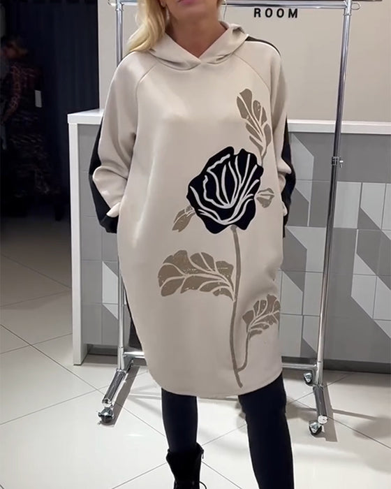 Kjole Med Hætte Farveblok Blomstertryk