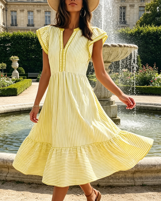 Kjole Stribet Dobbelt Rynke Kortærmet