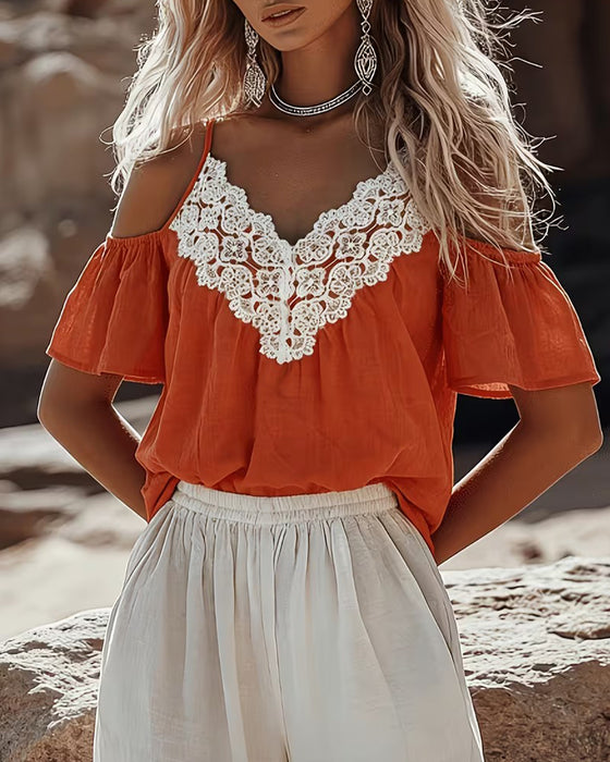 Bluse Blonder Patchwork Off-Shoulder