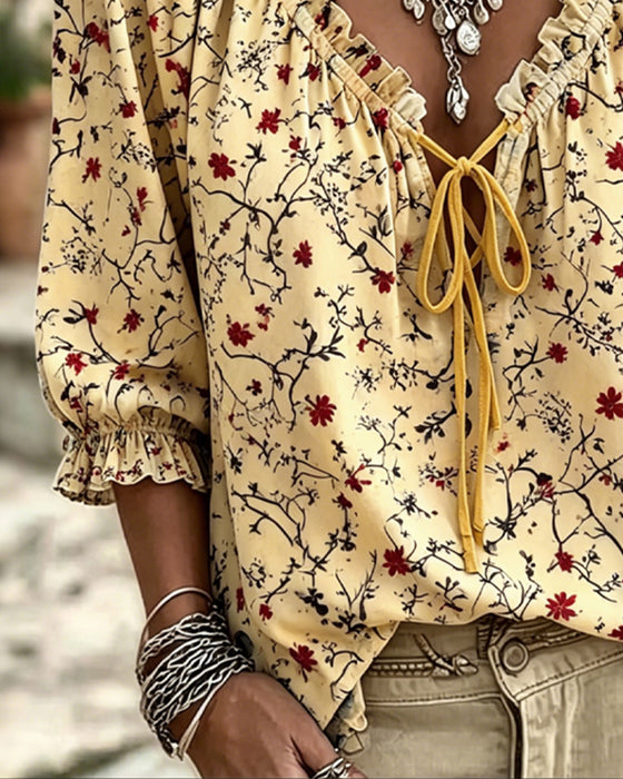 Bluse Lille Rød Blomst Blomstrende Slips