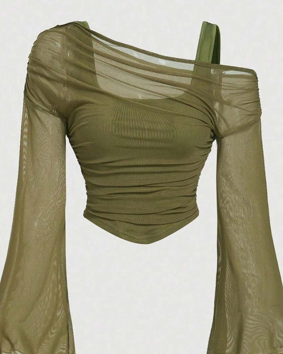 Bluse Net Rynket Lang Ærme Cami