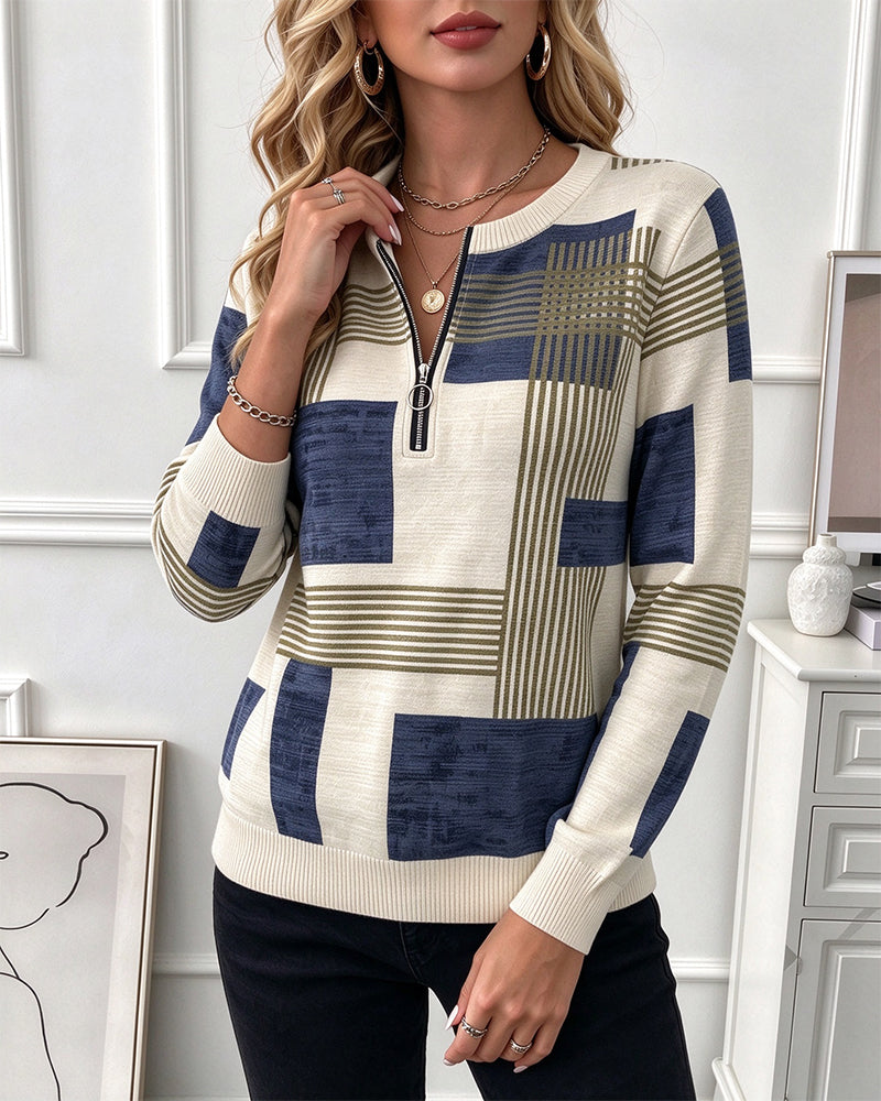 Sweatshirt Rund Hals Geometrisk Halv Lynlås Strikket