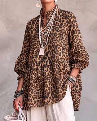 Top Leopard Tryk Rynke Trim Knap