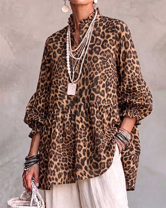 Top Leopard Tryk Rynke Trim Knap