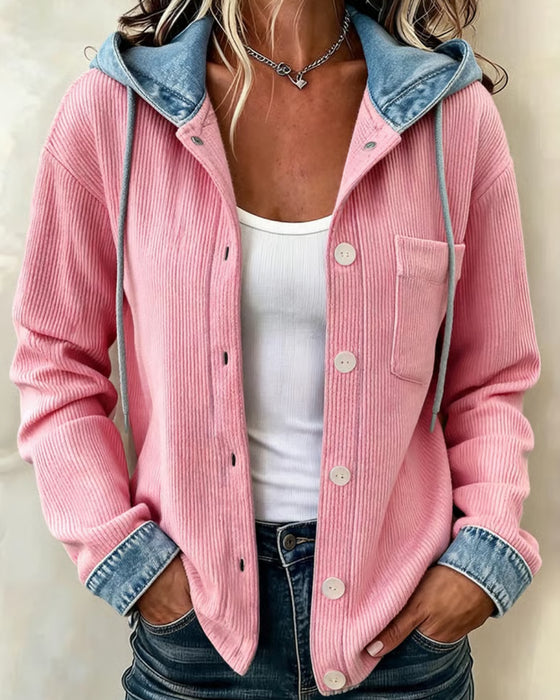 Frakke Hætte Ribstrikket Denim Patchwork Kneppet