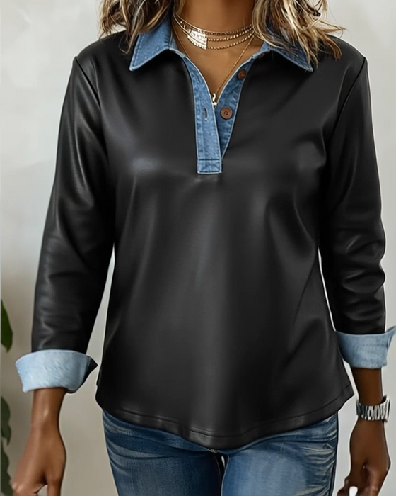 Top Casual Krave Læder Patchwork