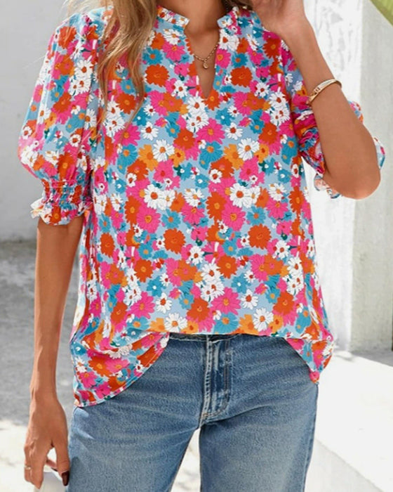 Bluse Blomstret Puf Kort Ærme