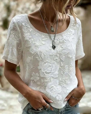 Bluse Rundhalset Broderet Blonder Patchwork