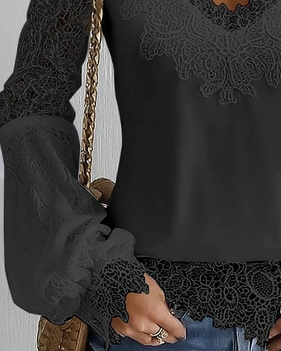 Topp Patchwork Langærmet V-Hals