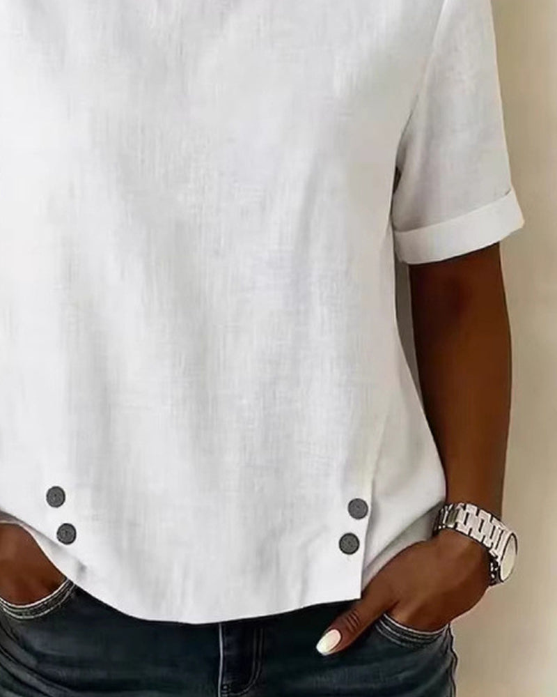Bluse Korte Ærmer Uregelmæssigt Design Halsudskæring