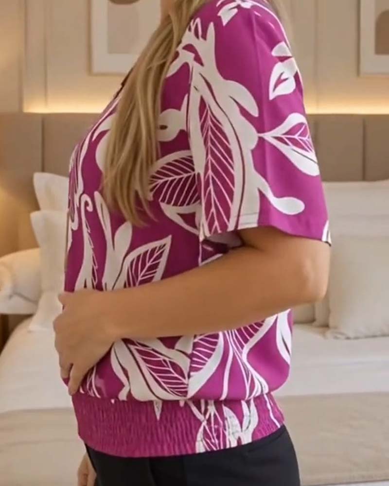 Bluse Blomstertryk Elastisk Kant Kortærmet