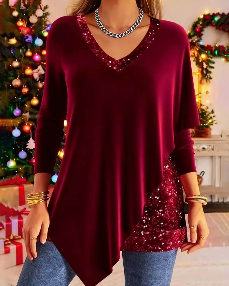 Top Med Pailletten Detalj, V-Hals Design Och Langarmet Stil