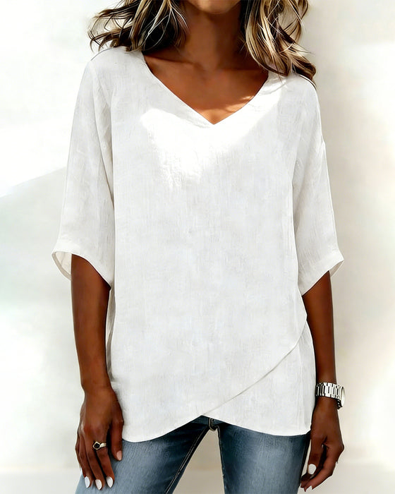 Topp Uregelmæssig Kant Ensfarvet V-Hals