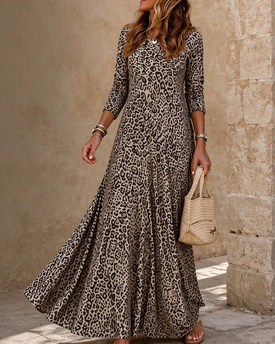 Kjole Langærmet Leopardprint Mode