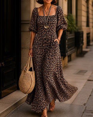 Kjole Firkantet Hals Leopard Mode