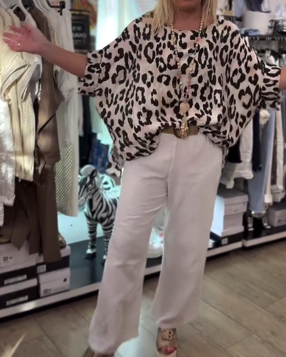 Bluse Med Rund Hals Leopardprint Løs