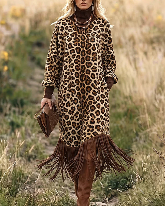 Kjole Leopard Tryk Frynselanterne Ærme