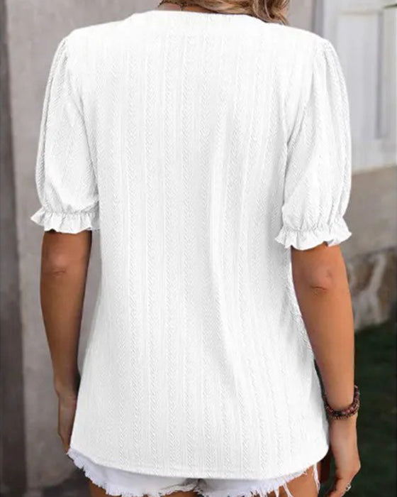 T-Shirts V-Hals Mini Mandarin Krave Puff Ærme