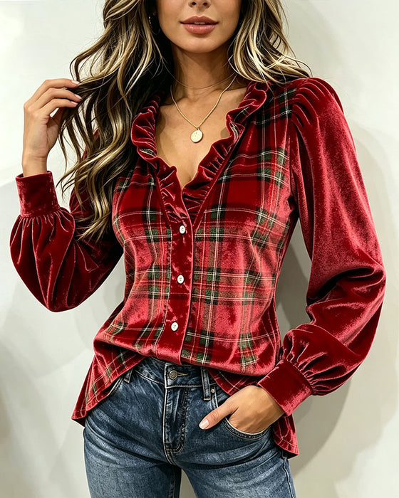 Bluse Ruffle V-Hals Fløjl Rutet Panel