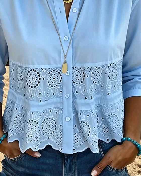 Bluse Udskæring Patchwork Krave