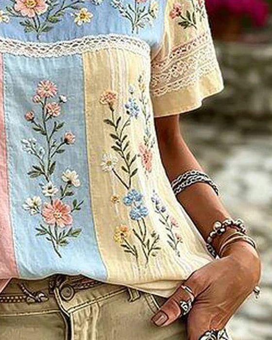 Bluse Rundhals Lapværk Blomstret