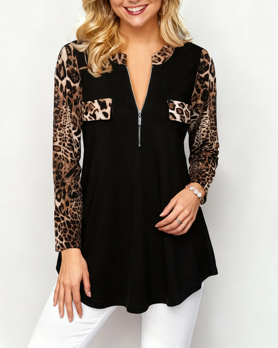 Langærmet Sweatshirt Med Leopardtryk Og Halv Lynlås