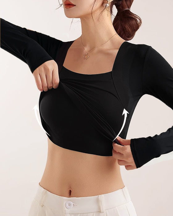 🔥 U-Hals Shapewear Indbygget BH Lang Ærme Tank