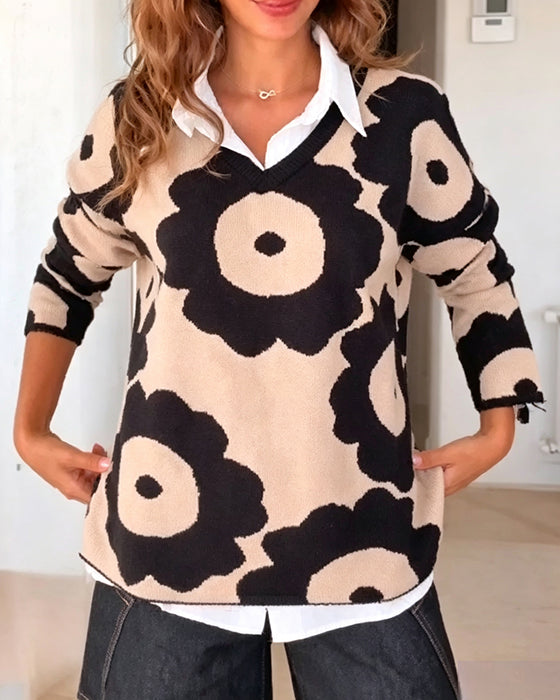 Pullover Blomstertryk V-Hals