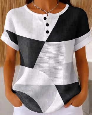 Bluse Rundhalset Knap Farveblok Vaffel