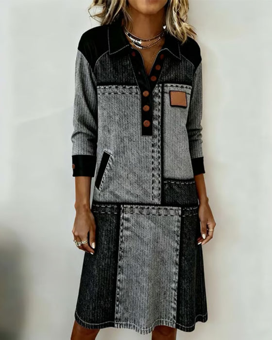 Kjole Knap Flip V-hals Farveblok Moderne