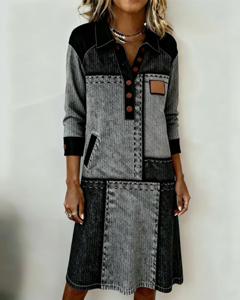 Kjole Knap Flip V-hals Farveblok Moderne