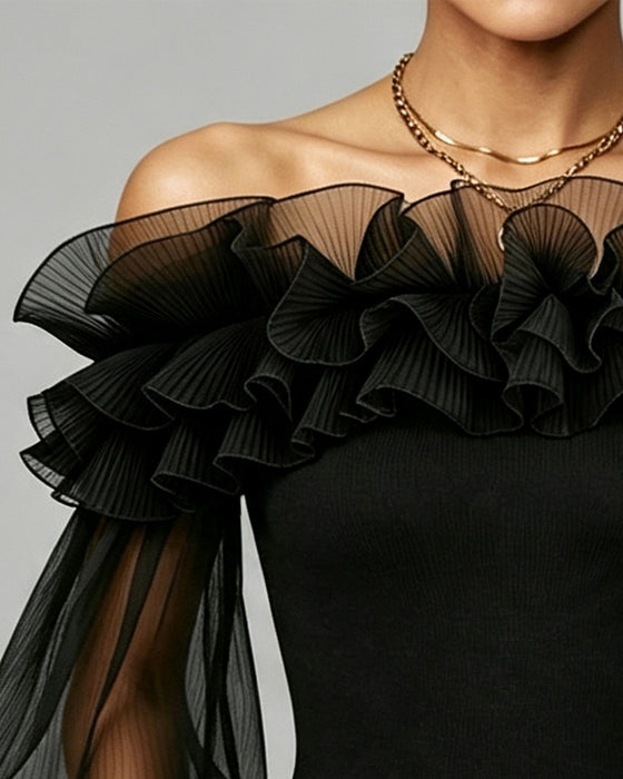 Top Off-Shoulder Net Rysjer Ensfarvet