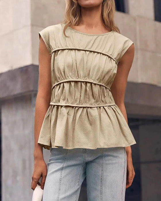Bluse Rund Hals Rynket Talje
