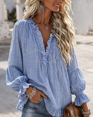 Bluse Ruffle Kant Afslappet Rutet