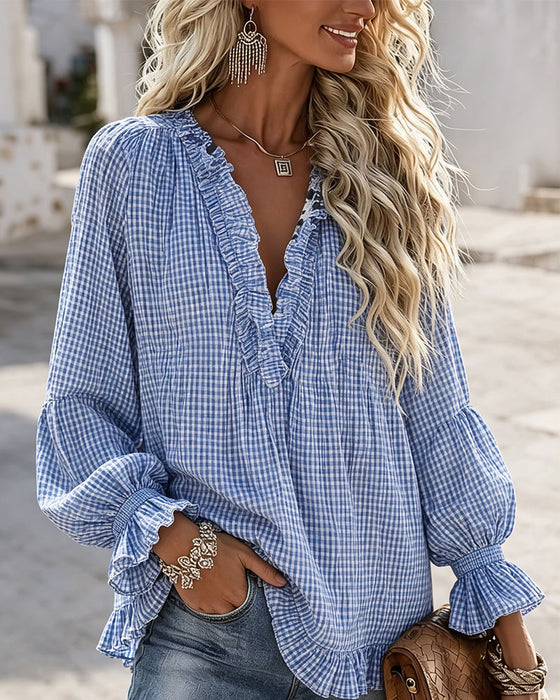 Bluse Ruffle Kant Afslappet Rutet