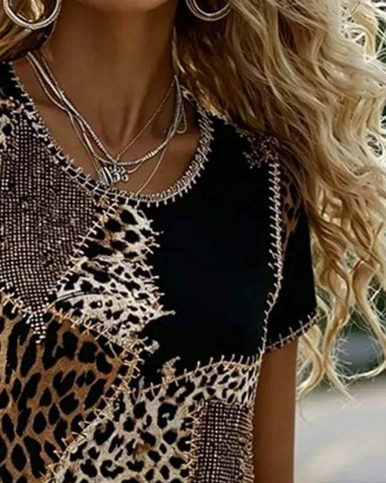 Bluse Rund Hals Leopard Tryk Kontrast Kort Ærme