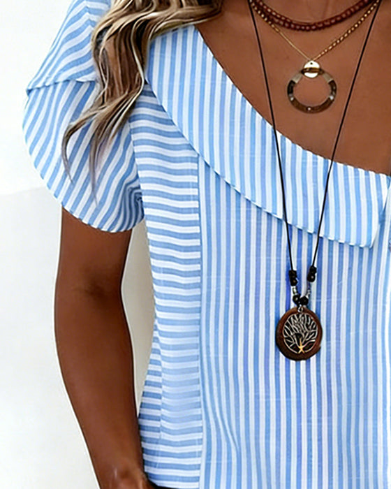 Bluse Stribet Puffærme Asymmetrisk