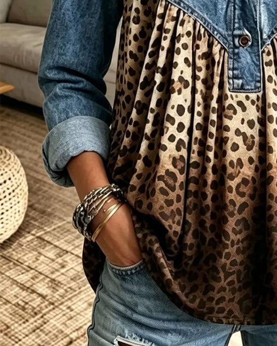 Top Denim Leopard Tryk Patchwork Krave