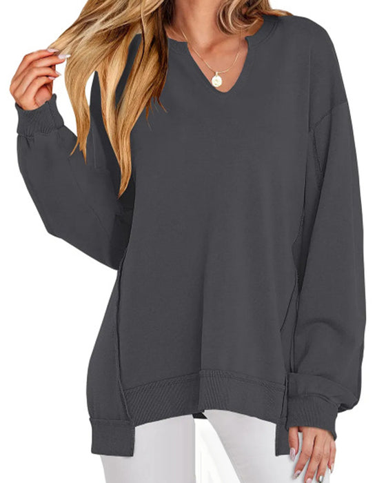 Sweatshirt V-hals Ensfarvet Løstsiddende