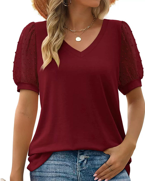 Bluse Ensfarvet Mesh Puffærme