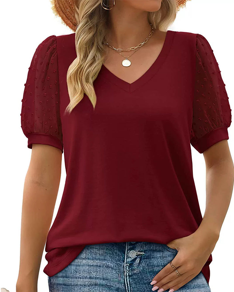 Bluse Ensfarvet Mesh Puffærme