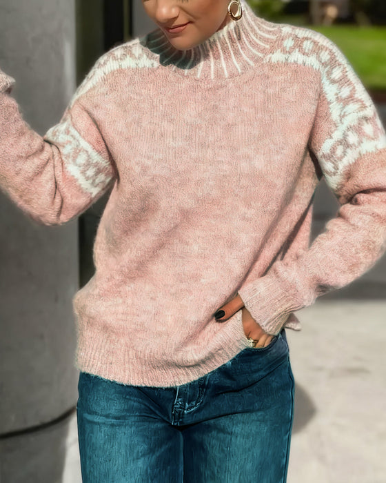 Sweater Høj Hals Mønstret Kontrast