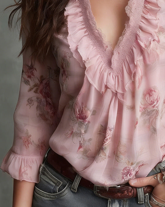 Bluse Blomstret V-Hals Rysjet