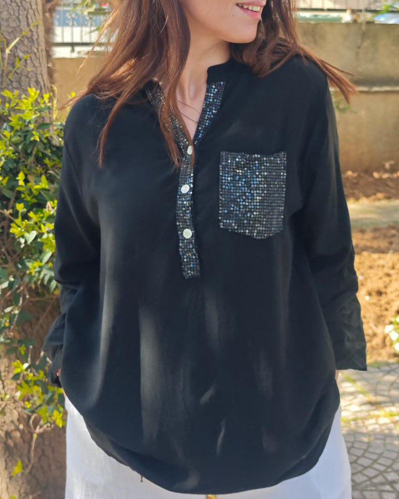 Casual Top Paillet Patchwork Løs