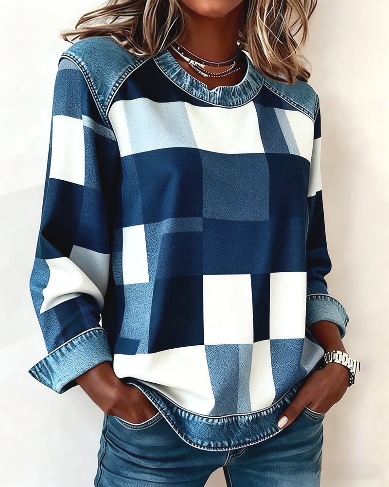 Sweatshirt Med Ternet Patchwork Og Kontrastfarve