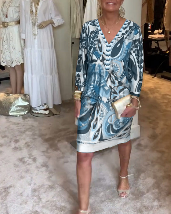 V-halset afslappet kjole med retroprint